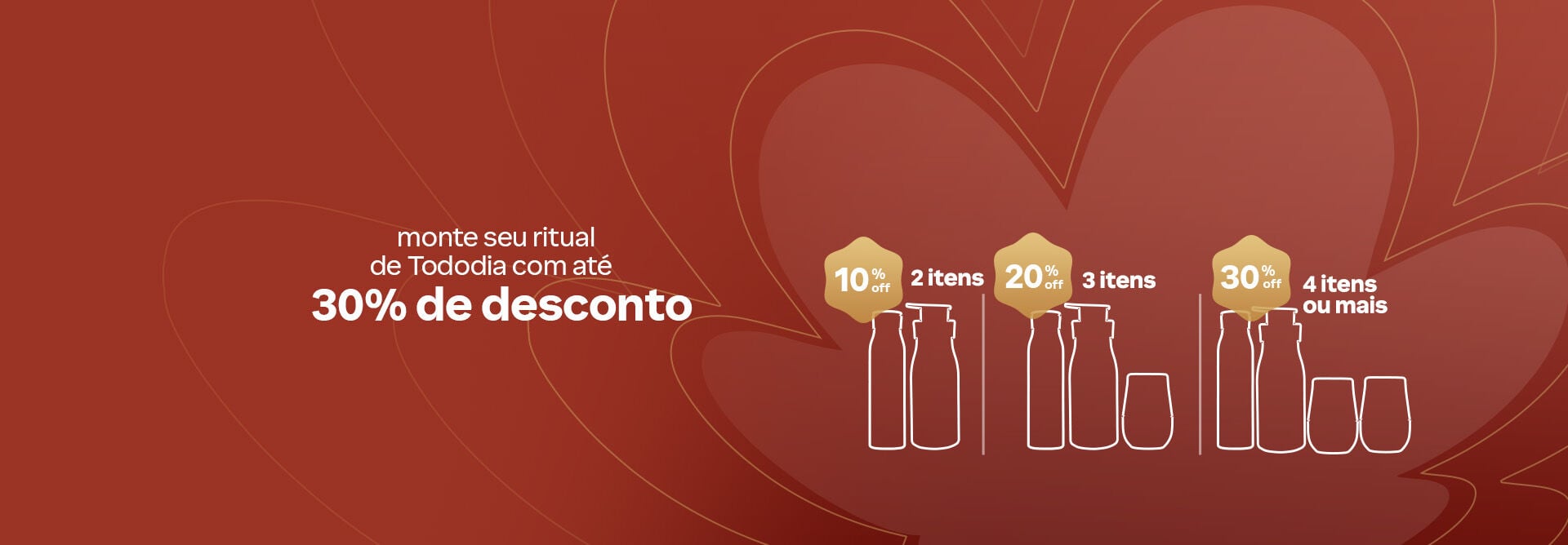 Silhuetas dos produtos Natura centralizadas na flor da marca Natura em tons de verde, com as condições de desconto progressivo. 20% off para 2 itens (ilustrado por duas embalagens), 30% off para 3 itens (ilustrado por três embalagens) e 40% off para 4 itens ou mais (ilustrado por quatro embalagens).