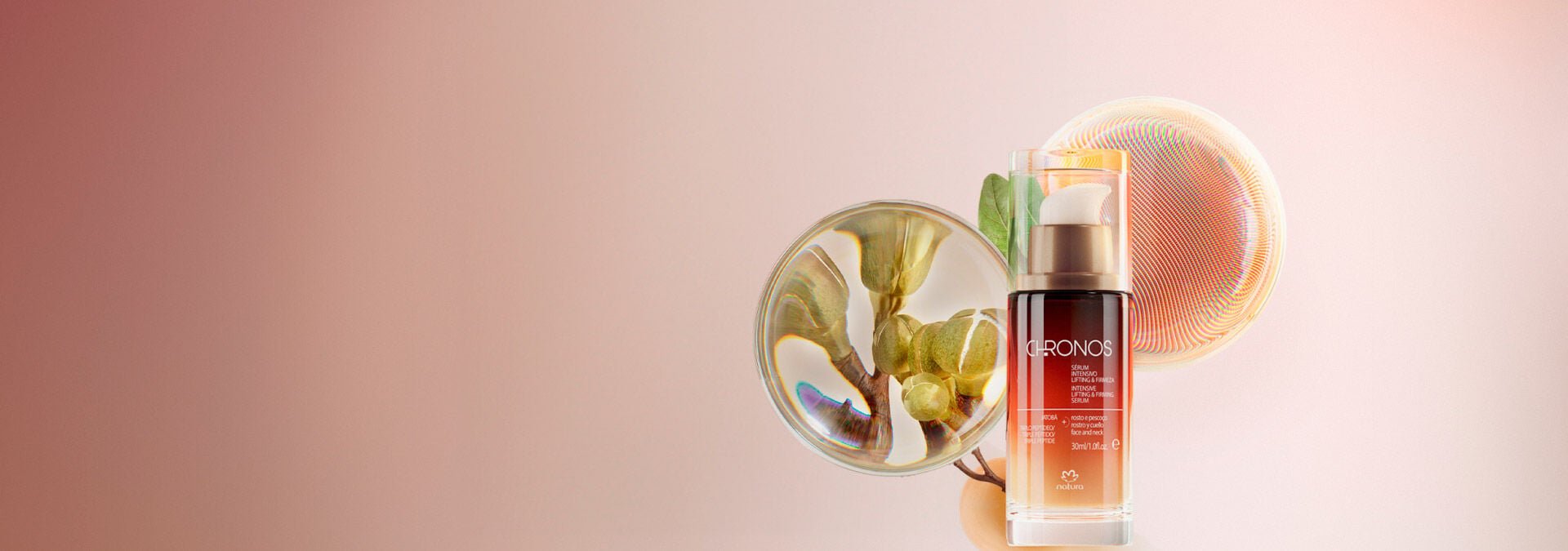 Fundo marrom e branco com tons claros e ao lado direito o Sérum Intensivo Lifting & Firmeza Chronos com bioativo do produto