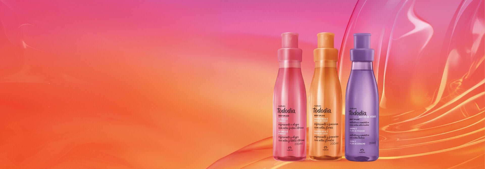 Imagem com os três Body Splash Tododia Verão, nas fragrâncias: Acerola e Hibisco, Manga Rosa e Água de Coco e Amora e Flor de Pêssego.