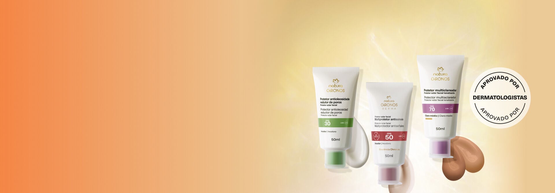 Produtos Natura Chronos com texturas e feixes de luz, em fundo em tons de creme. Com selo Aprovado por Dermatologistas.