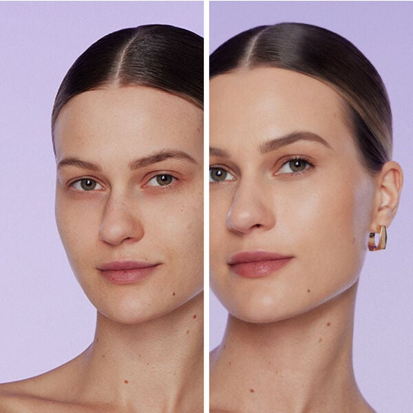 Imagem dividida ao meio, mostrando um antes e depois. À esquerda, mulher com pele limpa e natural. À direita, mesma mulher com maquiagem leve, pele uniforme e iluminada. Fundo lilás suave.
