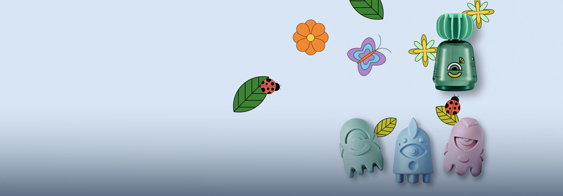 Foto de 4 produtos de Naturé, incluindo 3 sabonetes em barra e uma colônia sobre fundo azul com ilustrações de flores, folhas e borboletas. Os produtos apresentam formatos divertidos e lúdicos.