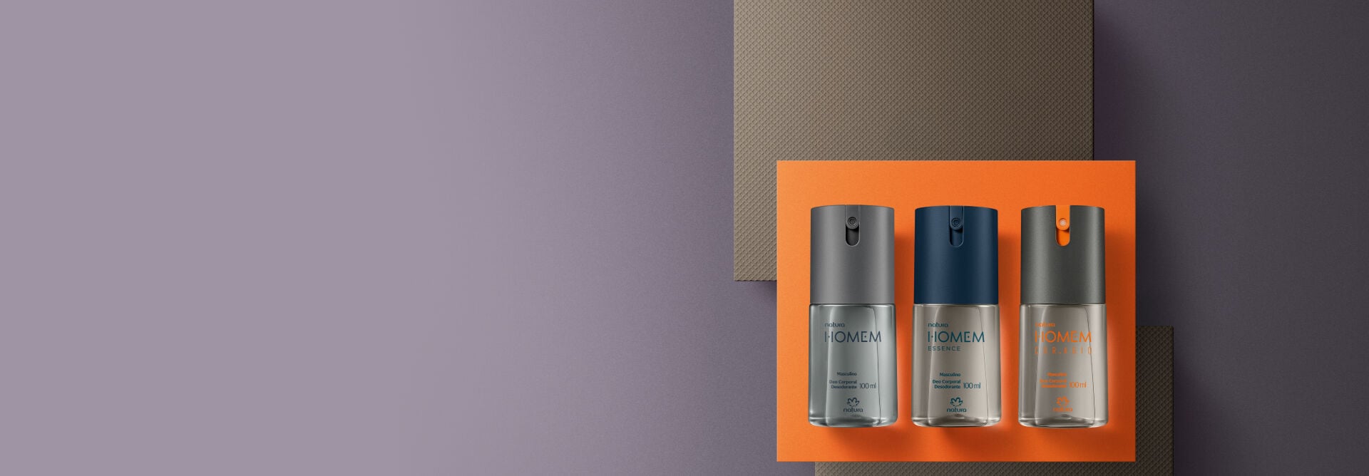 presente Natura Desodorantes corporais em spray, com 3 linhas diferentes da marca Natura Homem em fundo degradê cinza