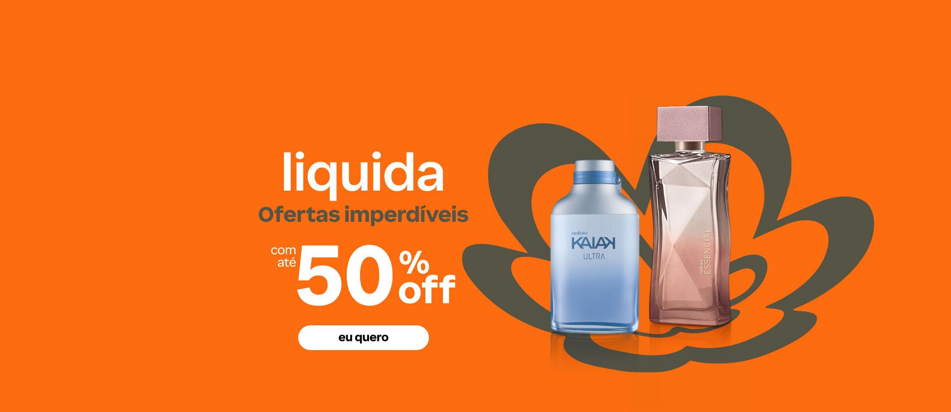 Fundo amarelo com logo Natura destaca os perfumes Natura Kaiak Ultra e Natura Essencial. Texto: "liquida: Ofertas imperdíveis com até 50% off".