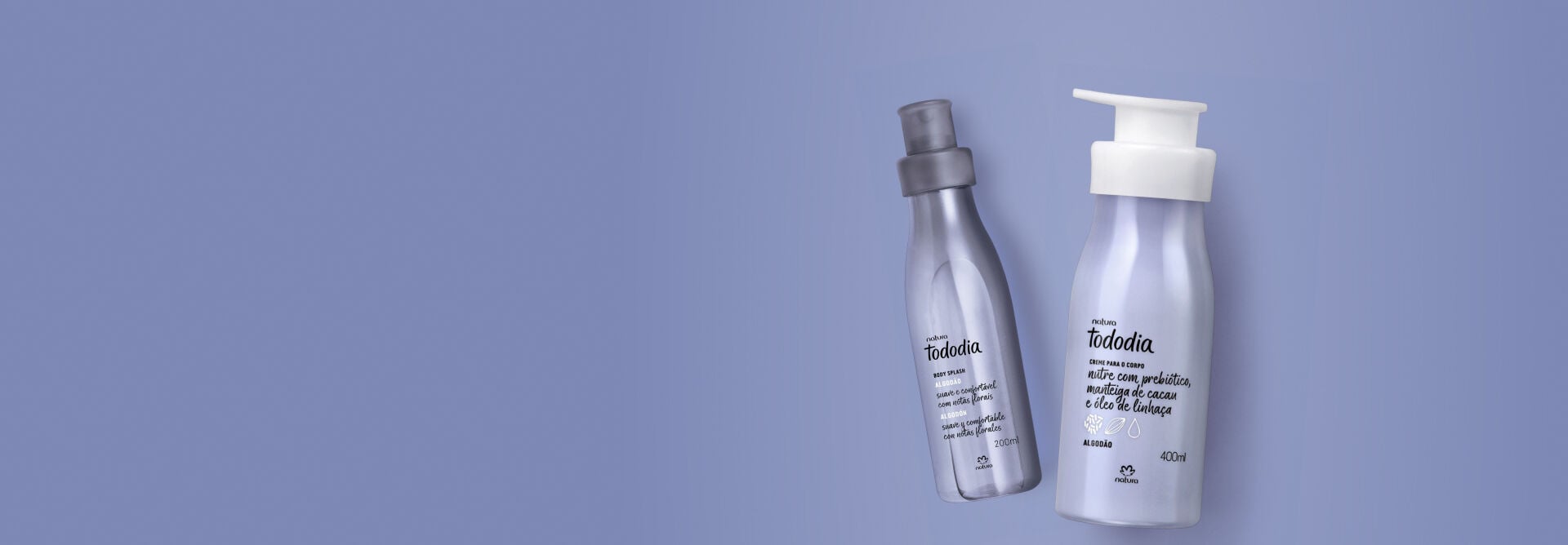 Imagem com os produtos Body Splash e Creme Desodorante Nutritivo para o Corpo de Tododia Algodão.