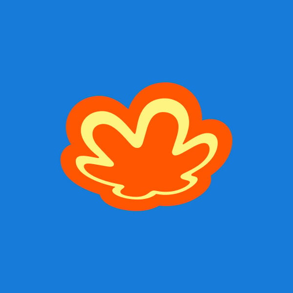Símbolo gráfico da flor da Natura redesenhado com contornos vibrantes em laranja e amarelo sobre fundo azul-vivo. A forma abstrata remete à silhueta de uma flor de cinco pétalas com traços marcantes.