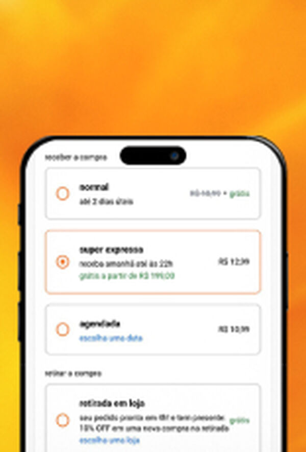 Imagem de celular exibe a tela de opções de entrega do app Natura, com as opções de entrega normal, super expressa, agendada e a opção de retirada da compra em uma loja física Natura. Fundo amarelo.