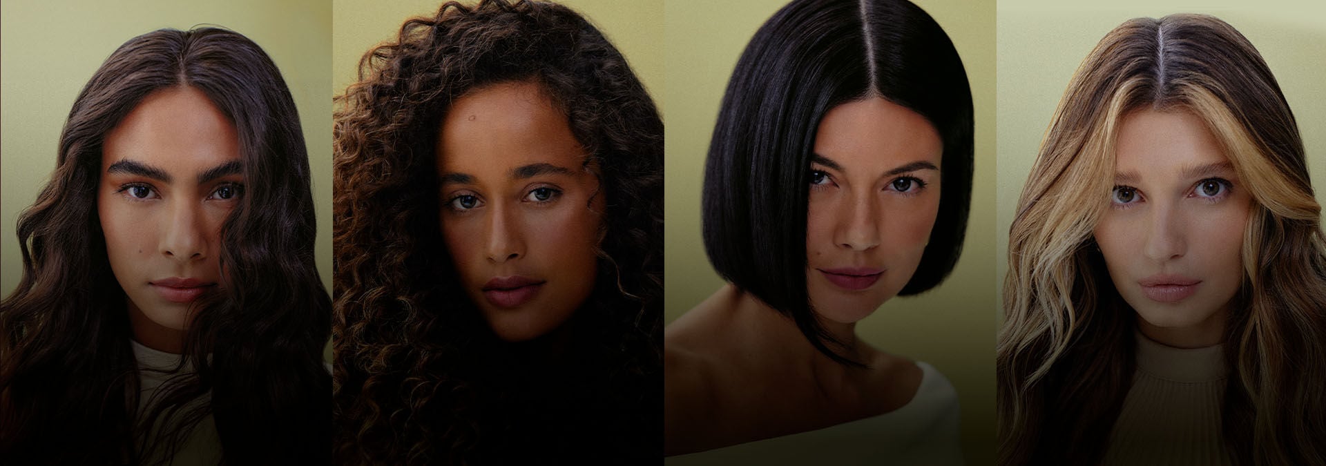 Imagem apresentando quatro mulheres com diferentes tipos e cores de cabelo exibindo seus fios.