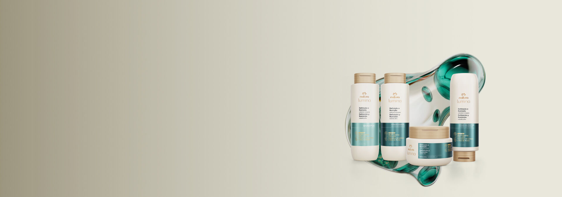 Imagem com fundo cinza e quatro produtos de Lumina Definição e Nutrição, com tecnologia da linha atrás.