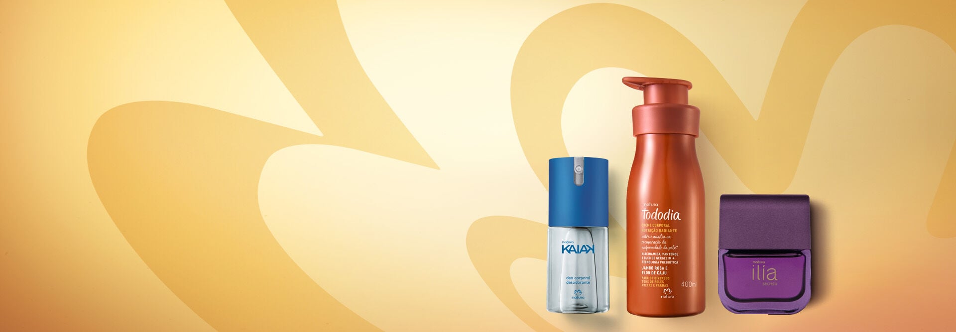 Produtos Natura em fundo amarelo com parte da rosácea da marca Natura.