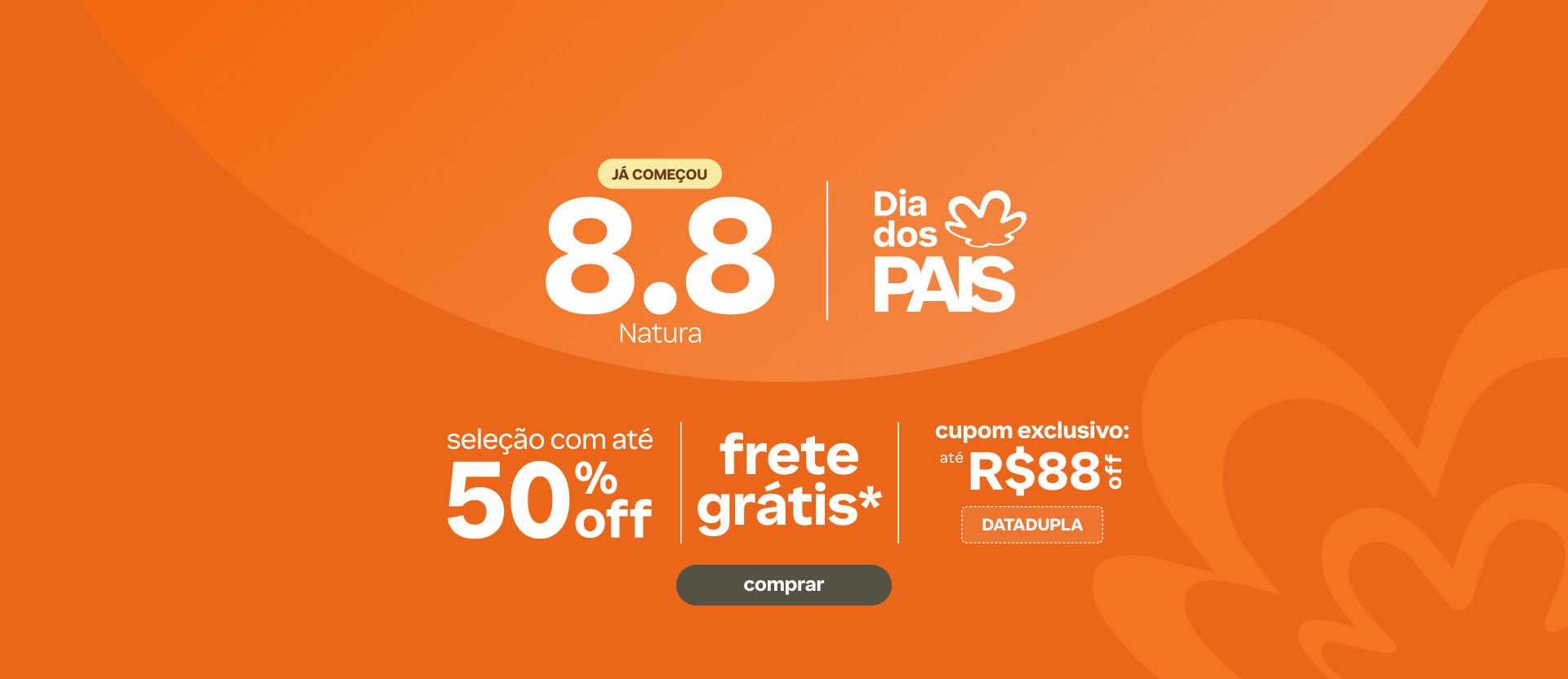 "Imagem em fundo laranja com o texto: ""Já começou 8.8 Natura Dia dos Pais. Seleção com até 50% OFF, frete grátis e cupom exclusivo DATADUPLA com até R$88 OFF"". Botão: comprar. "