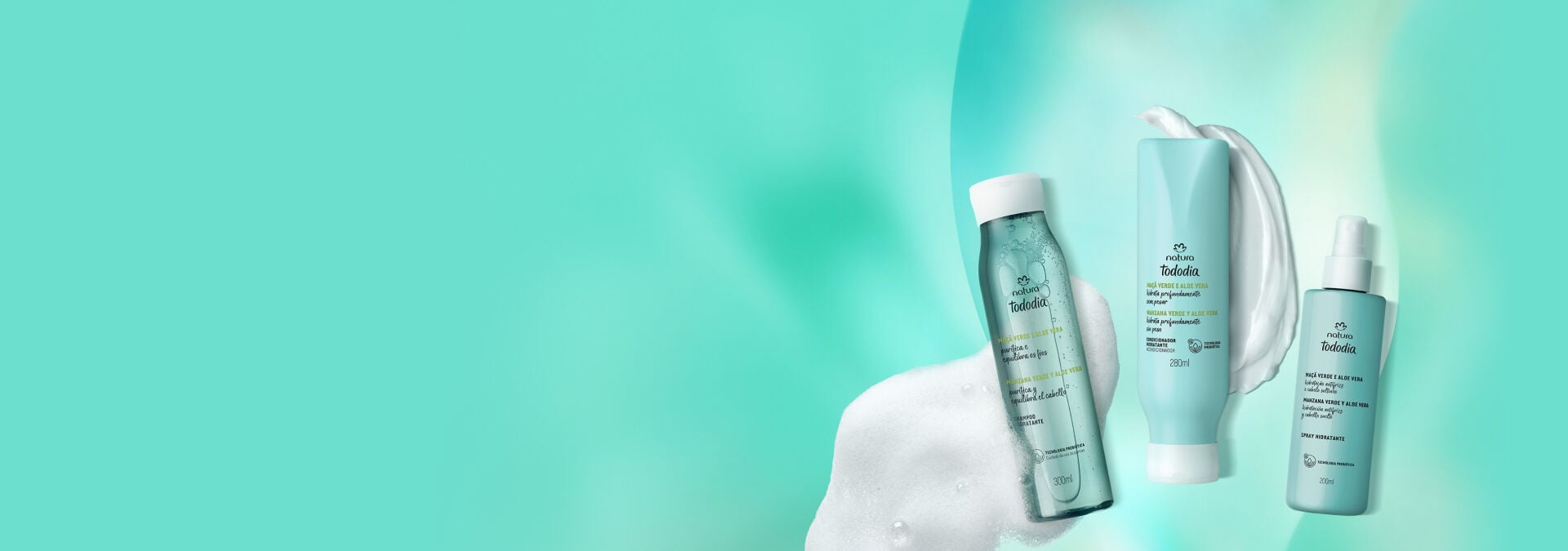 Condicionador e Spray hidratante Tododia Maçã Verde e Aloe Vera, sobre fundo degradê azul.