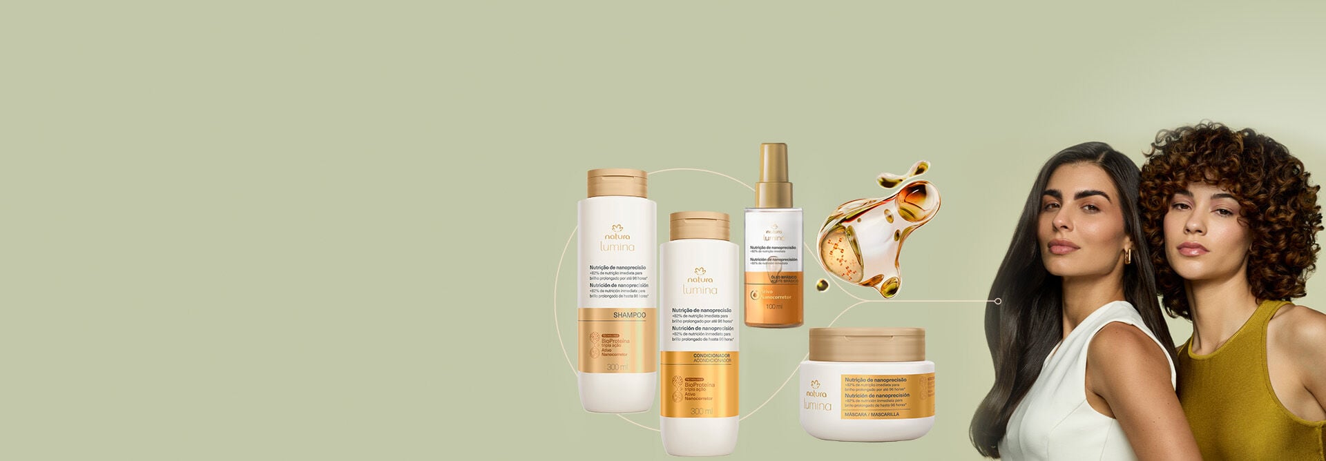 4 produtos de Lumina Nutrição de Nanoprecisão: shampoo, condicionador, máscara e óleo bifásico. Embalagens brancas com amarelo em fundo verde-claro com elemento decorativo aquoso e abstrato.