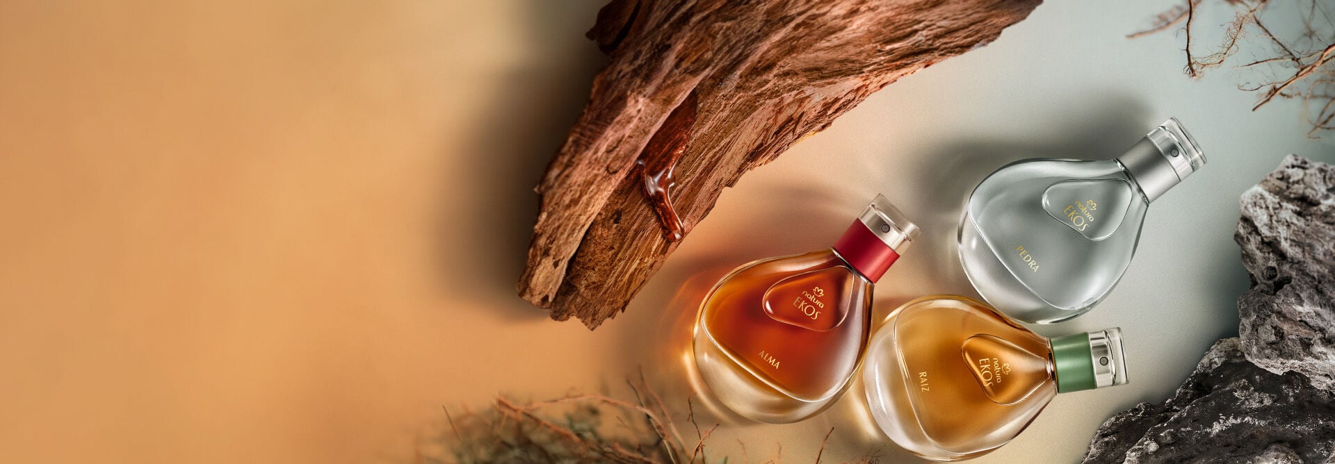 Perfumes Natura Ekos rodeados de ingredientes como madeiras, pedras, raízes e folhas.