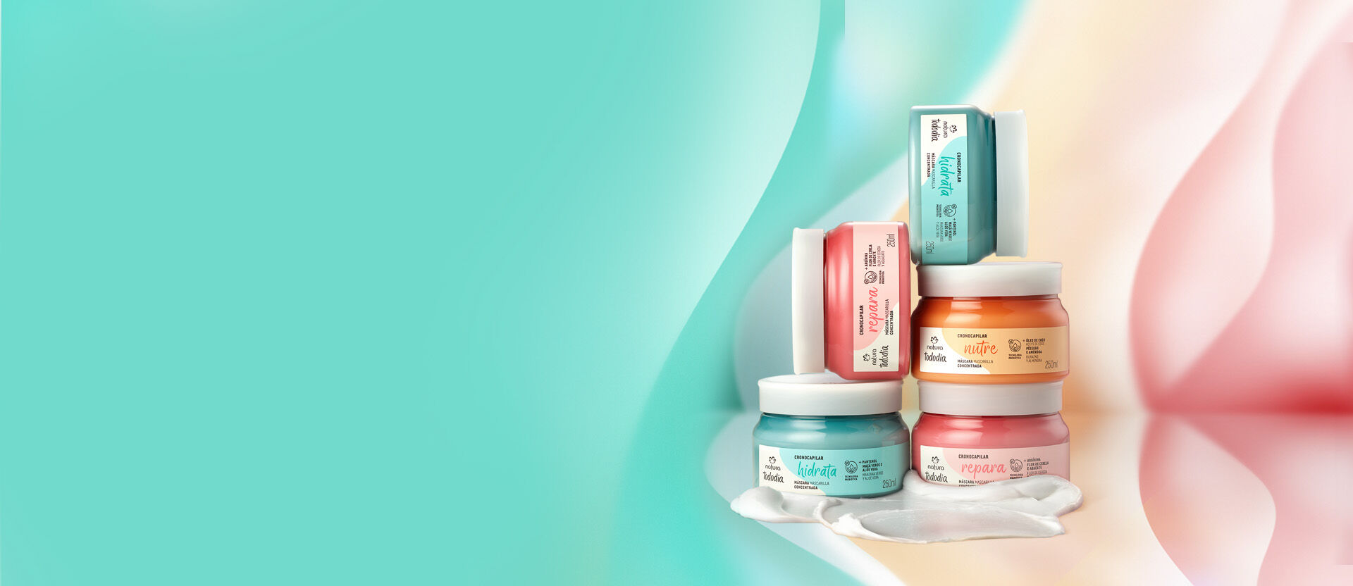Potes da Máscara Concentrada Tododia Cronocapilar, destacando a variedade de fragrâncias e benefícios da linha.