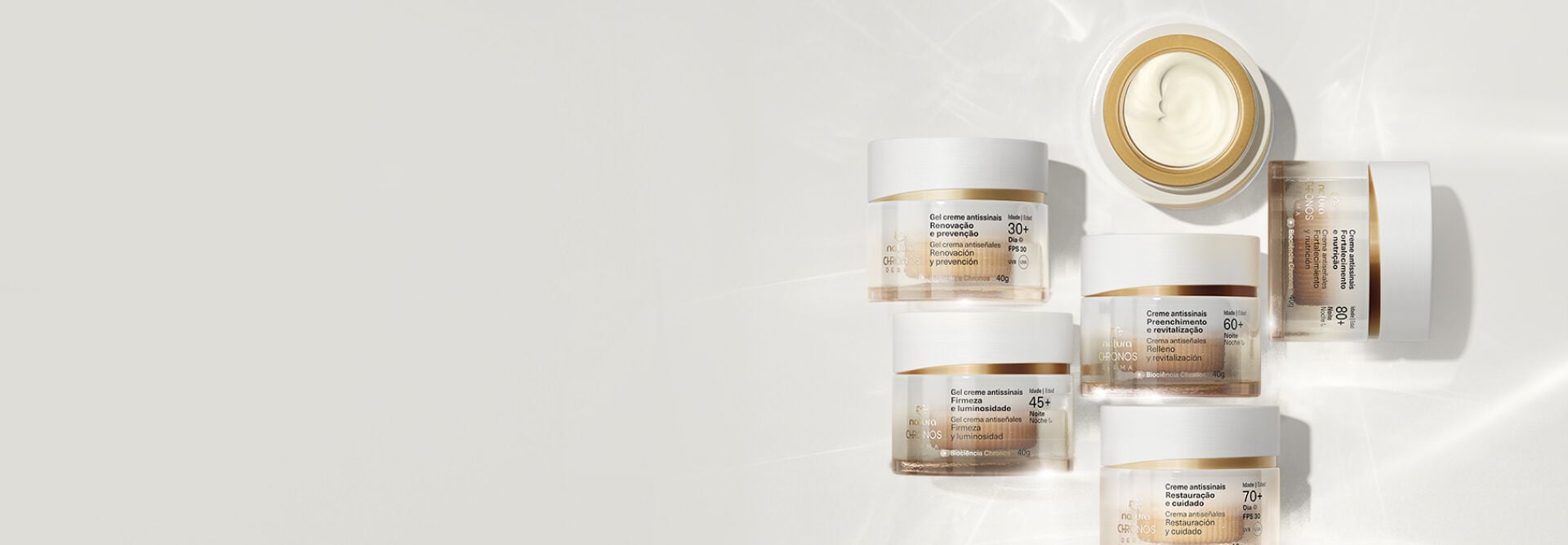 Potes de Gel Creme Antissinais Chronos Derma 30+, 45+, 60+, 70+ e 80+ sobre fundo branco com pontos de luz.