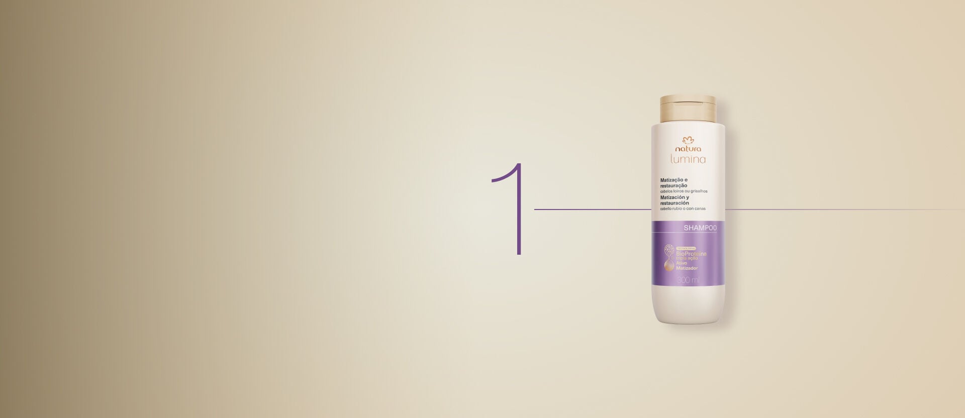 Imagem com fundo cinza. O número um indica a ordem de uso do shampoo da linha, ilustrado ao lado.