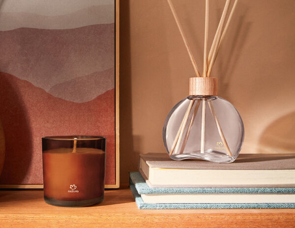 Vela Perfumada e Difusor Natura 861 Guaiaco Pataqueira aparecem em destaque sobre prateleira de madeira. O Difusor repousa sobre dois livros e a Vela Perfumada destaca-se à frente de tela abstrata.