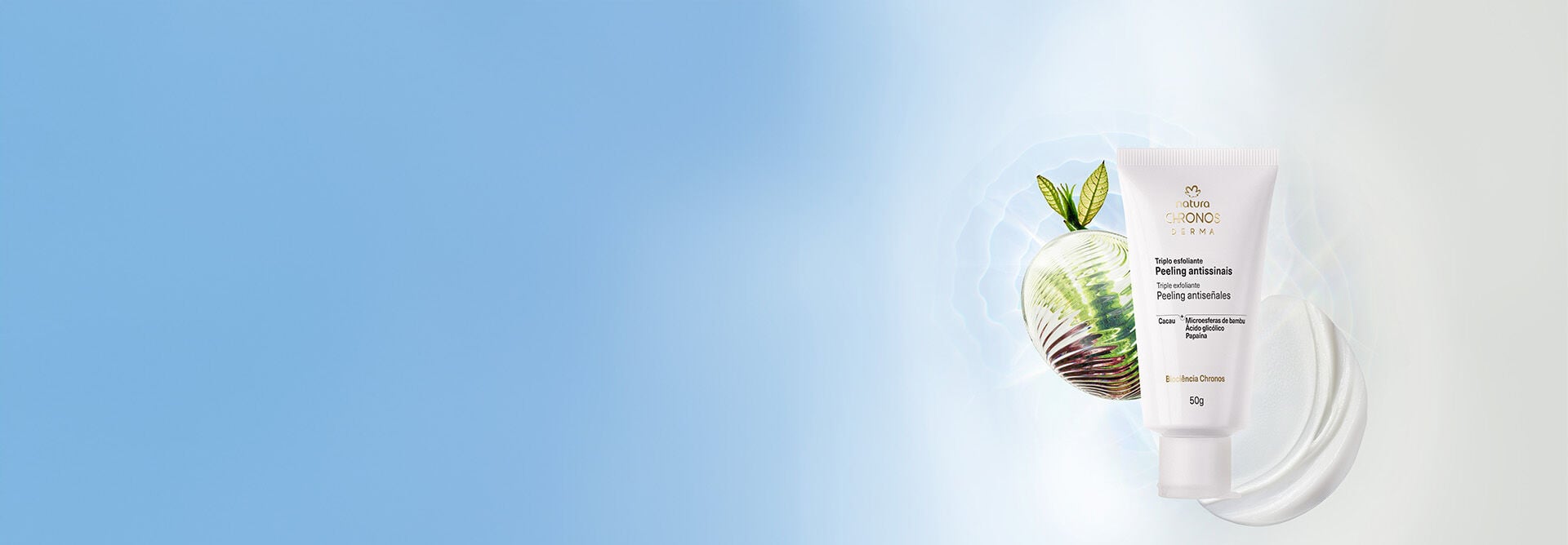 Produto Natura Chronos com pontos de luz e elementos da natureza, em fundo em tons de azul.