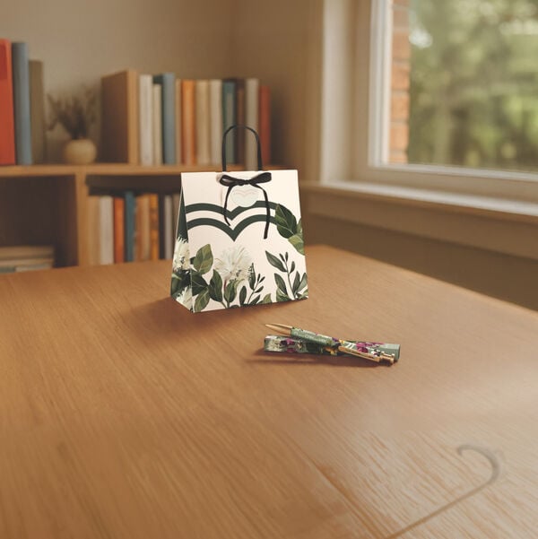 Sacola de presente Natura Crer Para Ver com estampa floral e alças pretas sobre mesa de madeira ao lado de canetas combinando. Ao fundo, estante de livros iluminada.