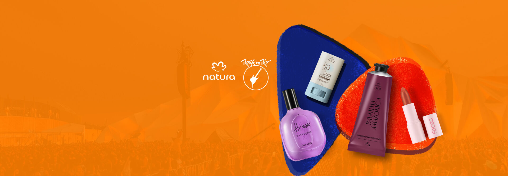 Banner laranja com silhuetas de festival e logos Natura e Rock in Rio. Exibe perfume Humor, protetor Fotoequilíbrio, creme Ekos e batom Faces.