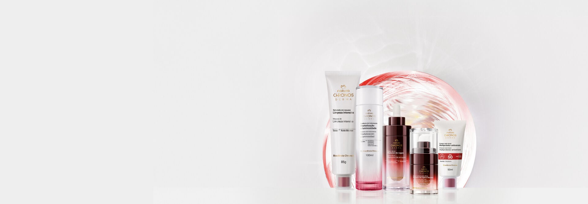 Rotina de Tratamento de Rugas Chronos Derma, com Sabonete, Essência, Sérum Facial, Sérum para a Área dos Olhos e Protetor Solar, com frascos brancos e marrons, sobre esfera rosada. Fundo branco.