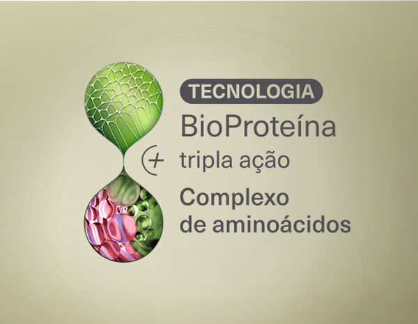 Em fundo verde, selo Tecnologia BioProteína + tripla ação complexo de aminoácidos.