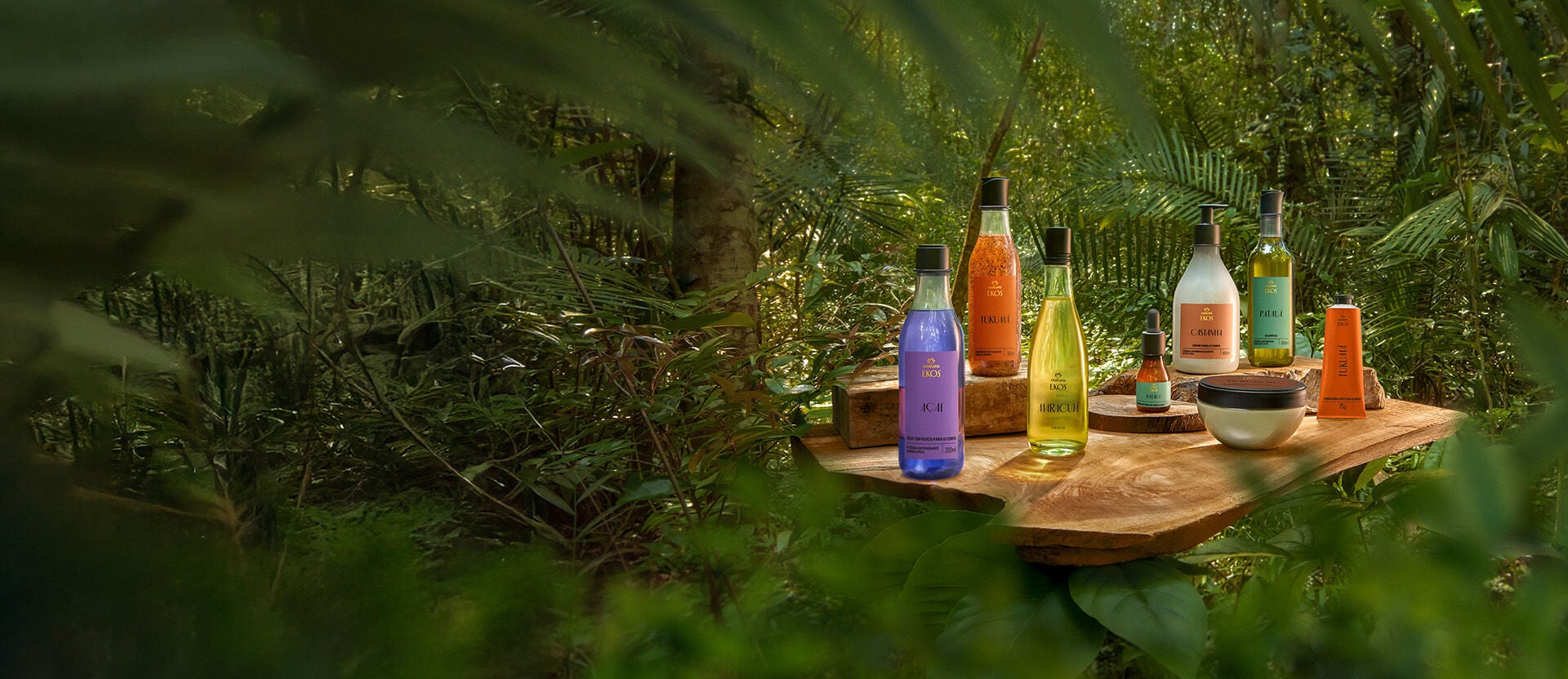 Uma variedade de produtos cosméticos da linha Ekos, dispostos sobre uma tábua de madeira rústica em um cenário de floresta ou jardim tropical. Os produtos incluem frascos e potes com líquidos e cremes de cores variadas (roxo, laranja, amarelo esverdeado, bege, verde claro) e rótulos com a marca 'Ekos', cercados por folhagens verdes e densas.