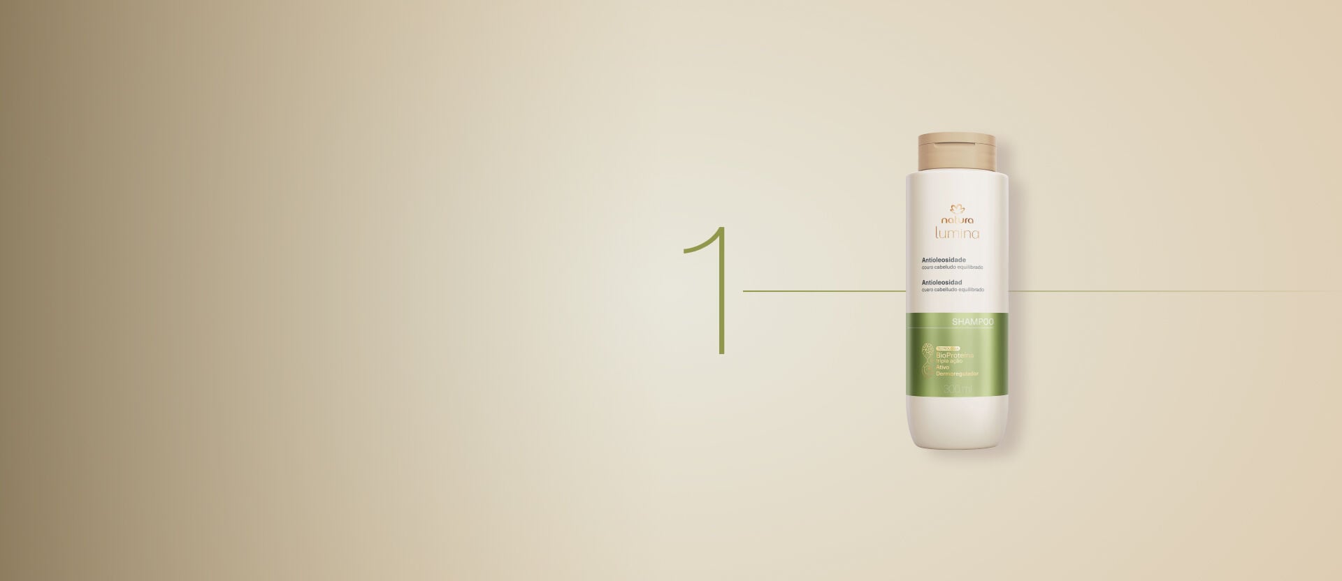 Imagem com fundo cinza. O número um indica a ordem de uso do shampoo da linha, ilustrado ao lado.