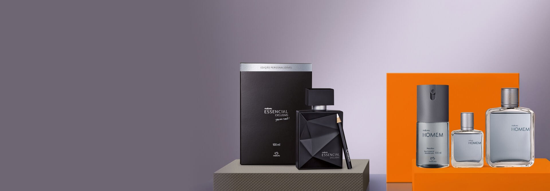 Kits de perfumaria masculina Natura: à esquerda, perfume Essencial Exclusivo preto com caneta personalizável; à direita, sobre base laranja, o trio de produtos da linha Homem em frascos transparentes e cinzas. 