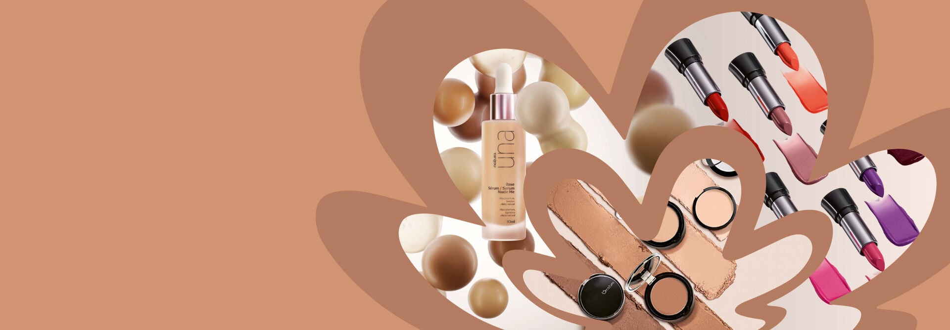 Diversos tons de Base Natura Una, do Pó Compacto Natura Faces e dos Batons Natura Faces aparecem em destaque em meio a rosáceas e fundo de cor nude.