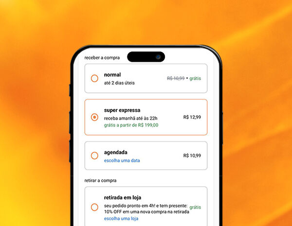 Imagem de celular exibe a tela de opções de entrega do app Natura, com as opções de entrega normal, super expressa, agendada e a opção de retirada da compra em uma loja física Natura. Fundo amarelo.