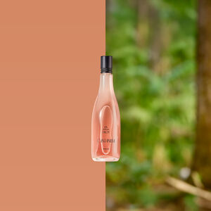 Frasco do Deo Parfum Ekos Castanha em tom rosado com tampa preta está apoiado sobre um tronco. Ao fundo, folhas verdes e galhos compõem um cenário de floresta iluminada.