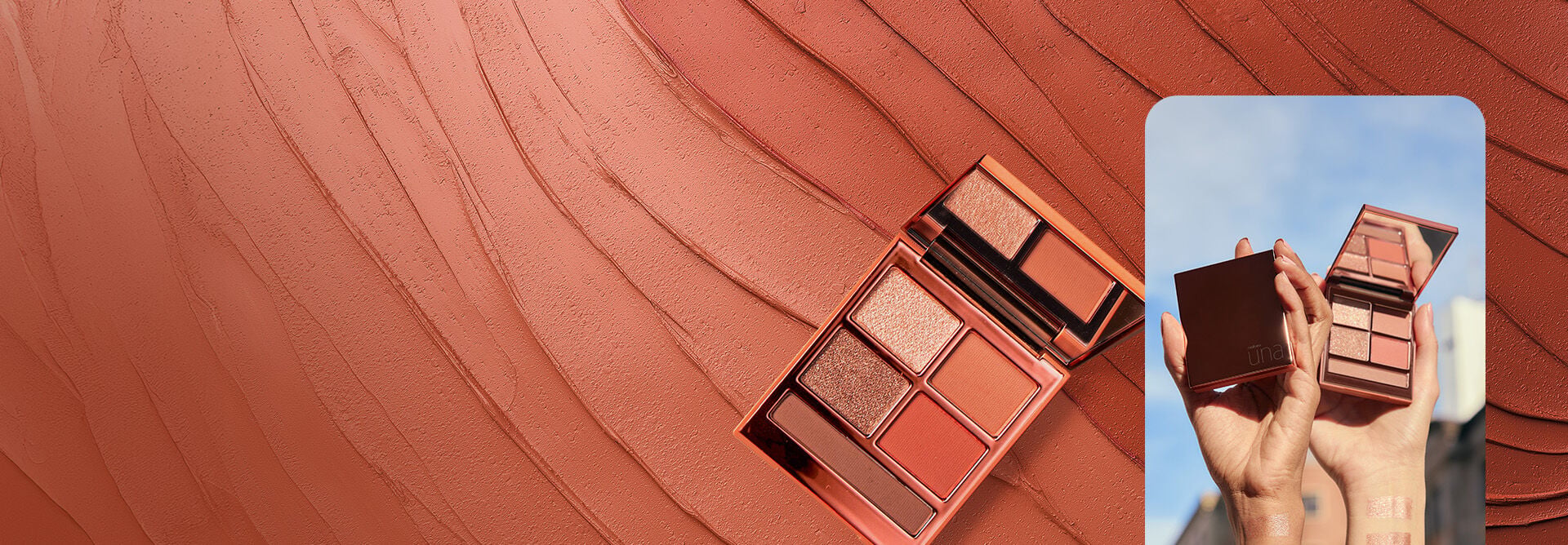PRO Palette de Sombras Una aberta, com 6 sombras em tons terrosos e rosados, sobre fundo de textura cremosa rosada.