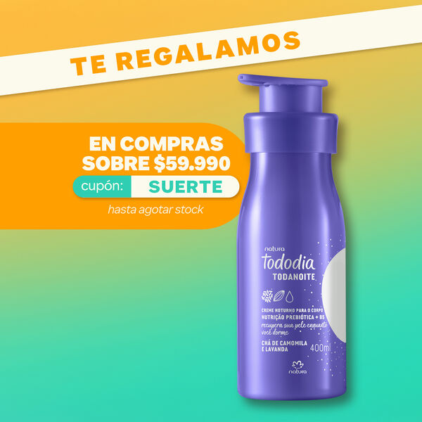 en compras sobre $59.990 obtienenes un regalo Natura, usa el cupón SUERTE. Es por tiempo limitado y hasta agotar stock. 