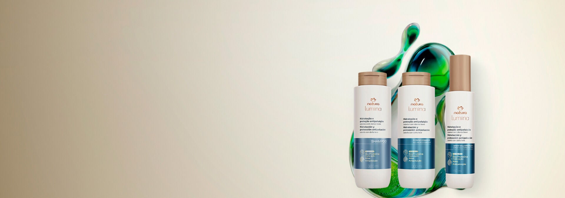 Fondo claro con productos de la línea Natura Hidratación y Protección Antipolución  y una partícula que destaca la tecnología del producto.