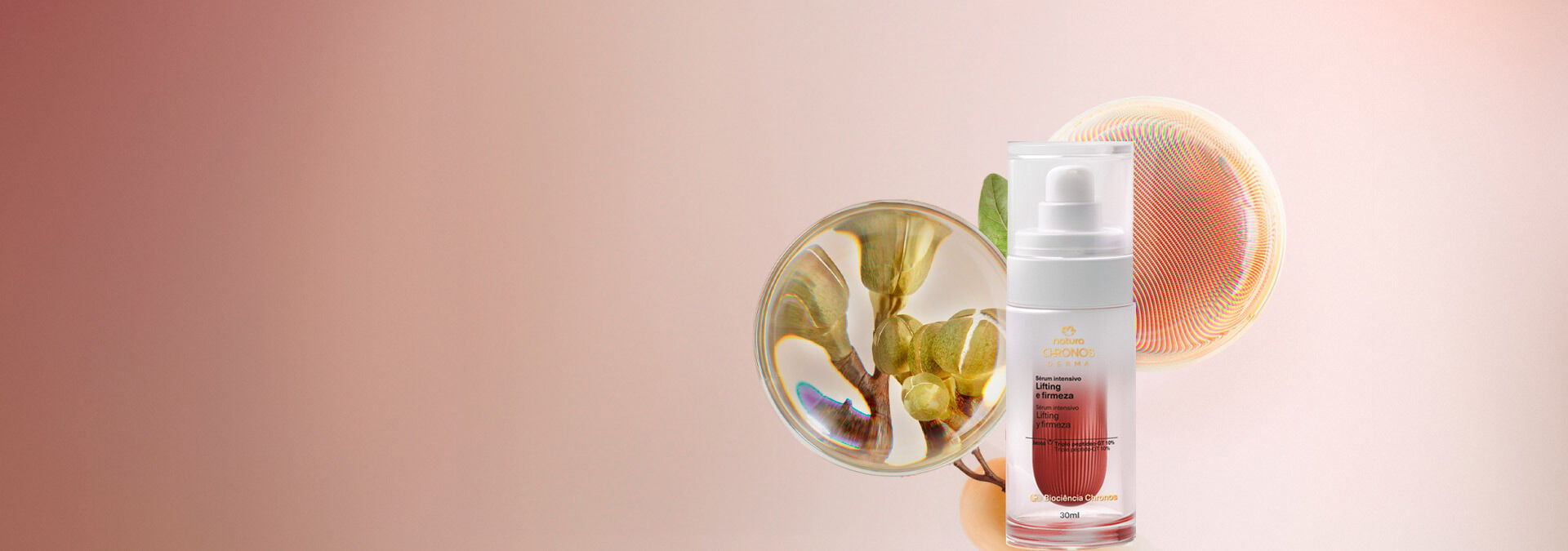 Fondo marrón y blanco con tonos claros y a la derecha el Sérum Intensivo Lifting & Firmeza Chronos con el bioactivo del producto.