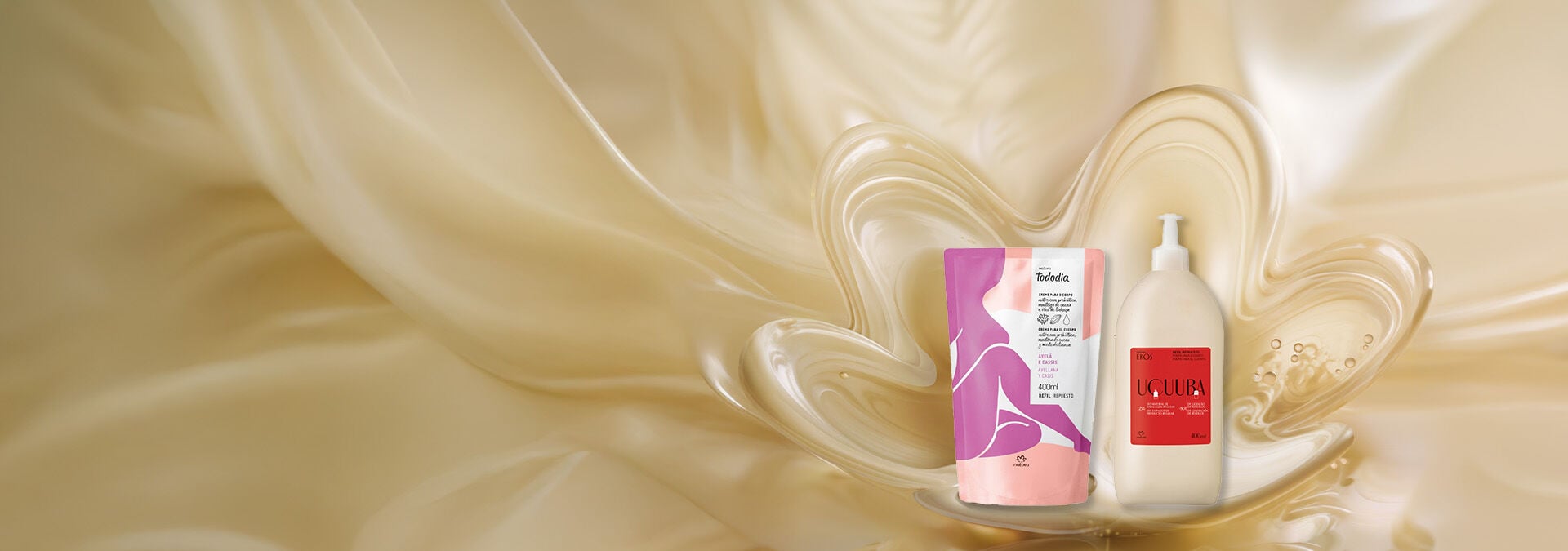 Un repuesto de perfume Ekos, un repuesto de hidratante Ekos y un repuesto Lumina. En el fondo, hay texturas diferentes para cada producto.