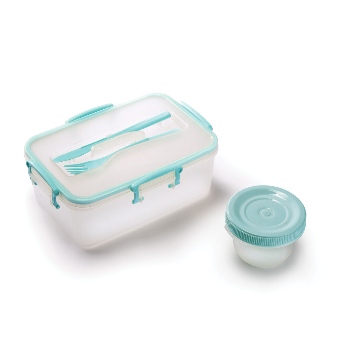 Set x2 contenedor con cubiertos + contenedor con tapa a rosca