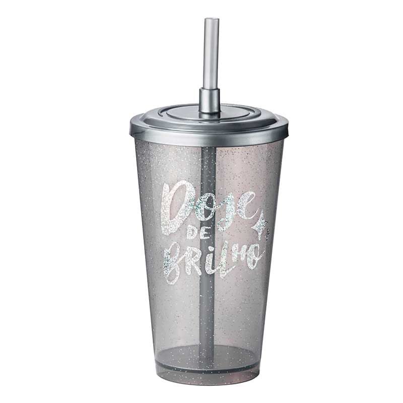 Copo Glitter Com Canudo Prata