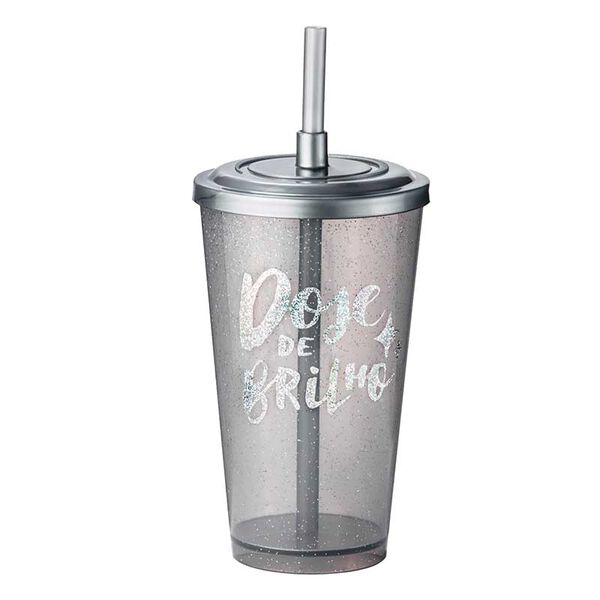Copo Glitter Com Canudo Prata