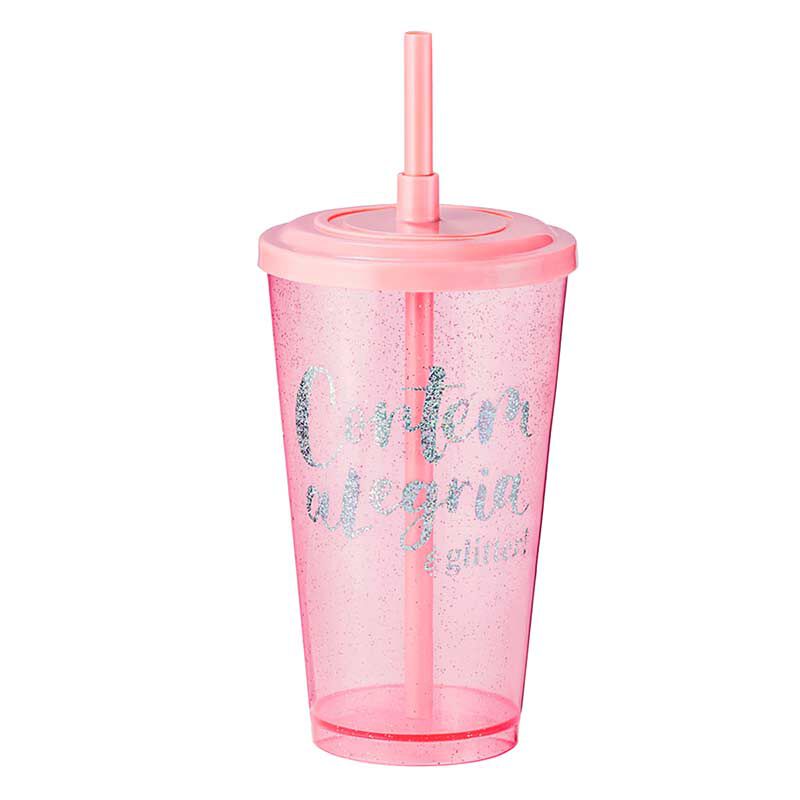Copo Glitter Com Canudo Rosê