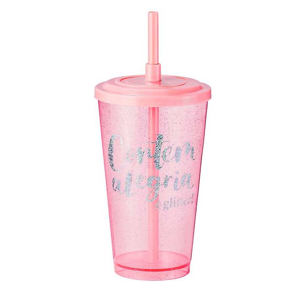 Copo Glitter Com Canudo Rosê