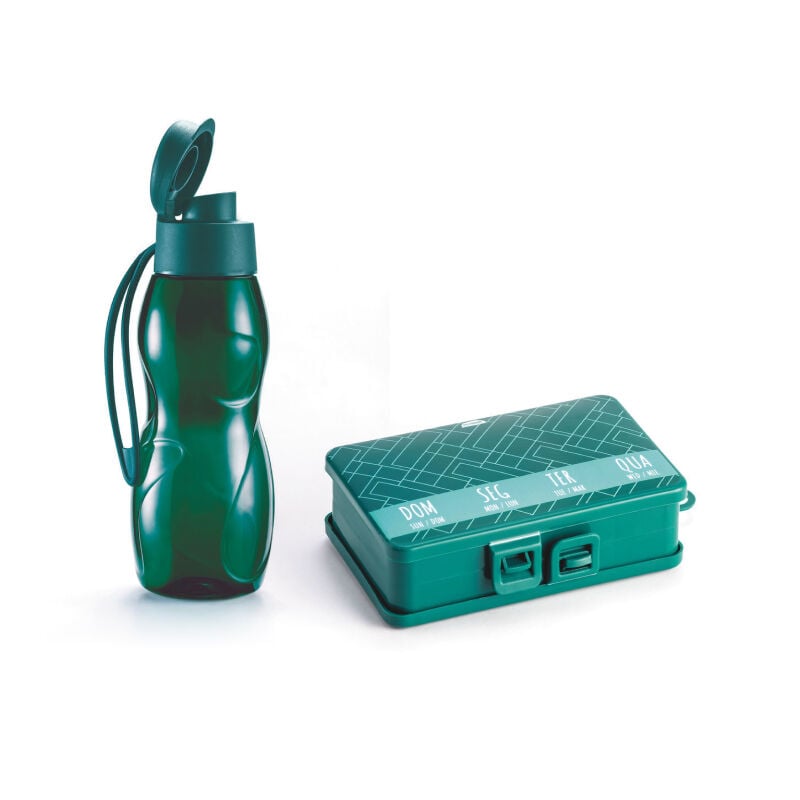 Kit Porta Comprimidos Flow e Garrafa Gota Verde Intenso
