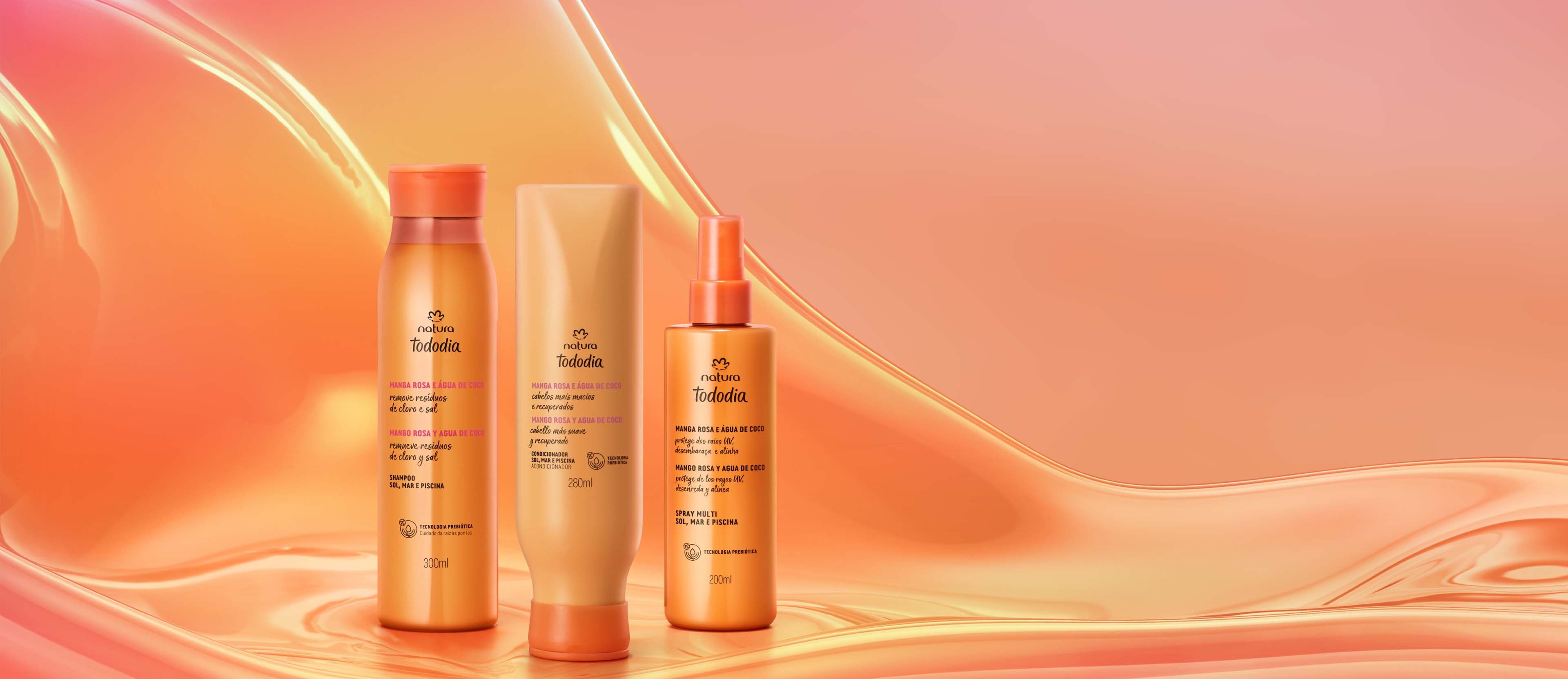 Kit shampoo, Acondicionador y Spray Multi Tododia Mango rosa y agua de coco