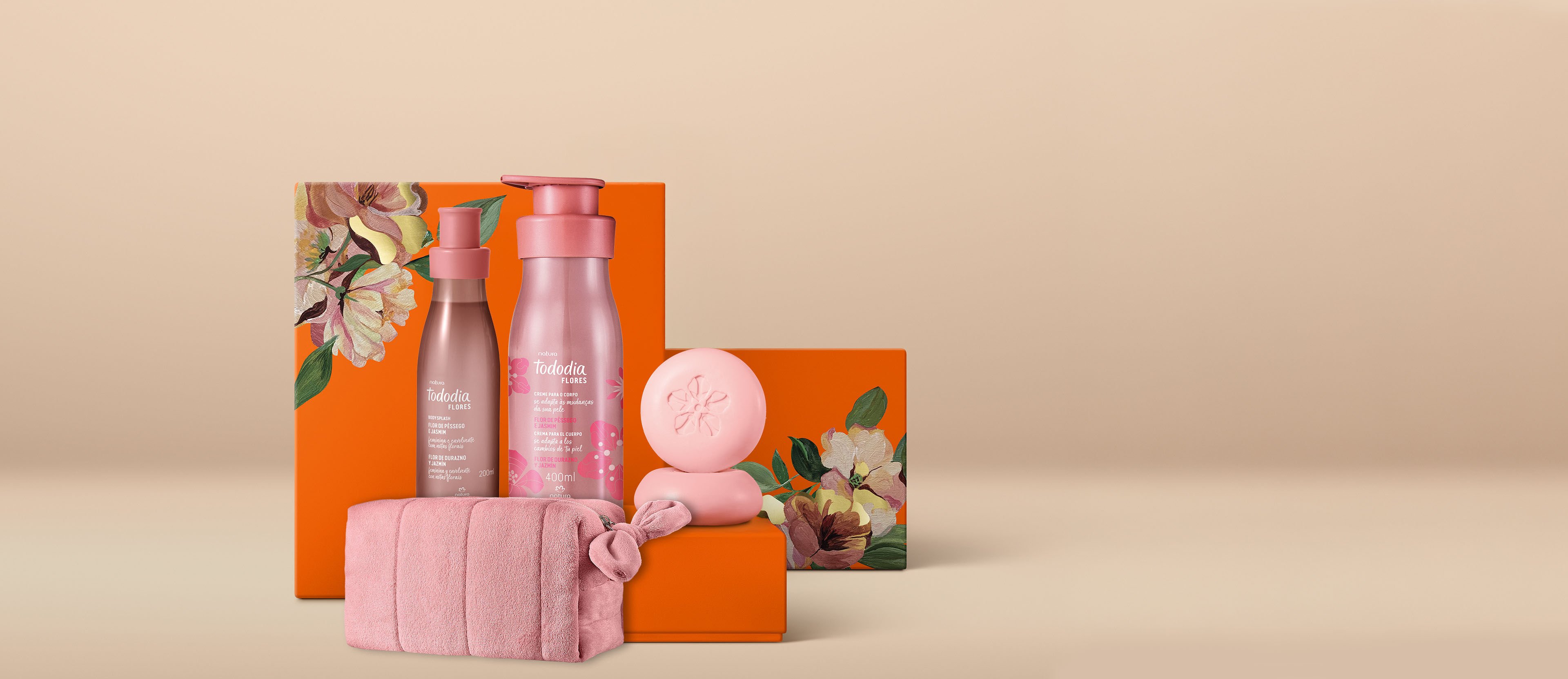 Regalo Madres Flor de Durazno y Jazmín con neceser (1 body splash + 1 crema corporal + 1 caja de jabones barra)
