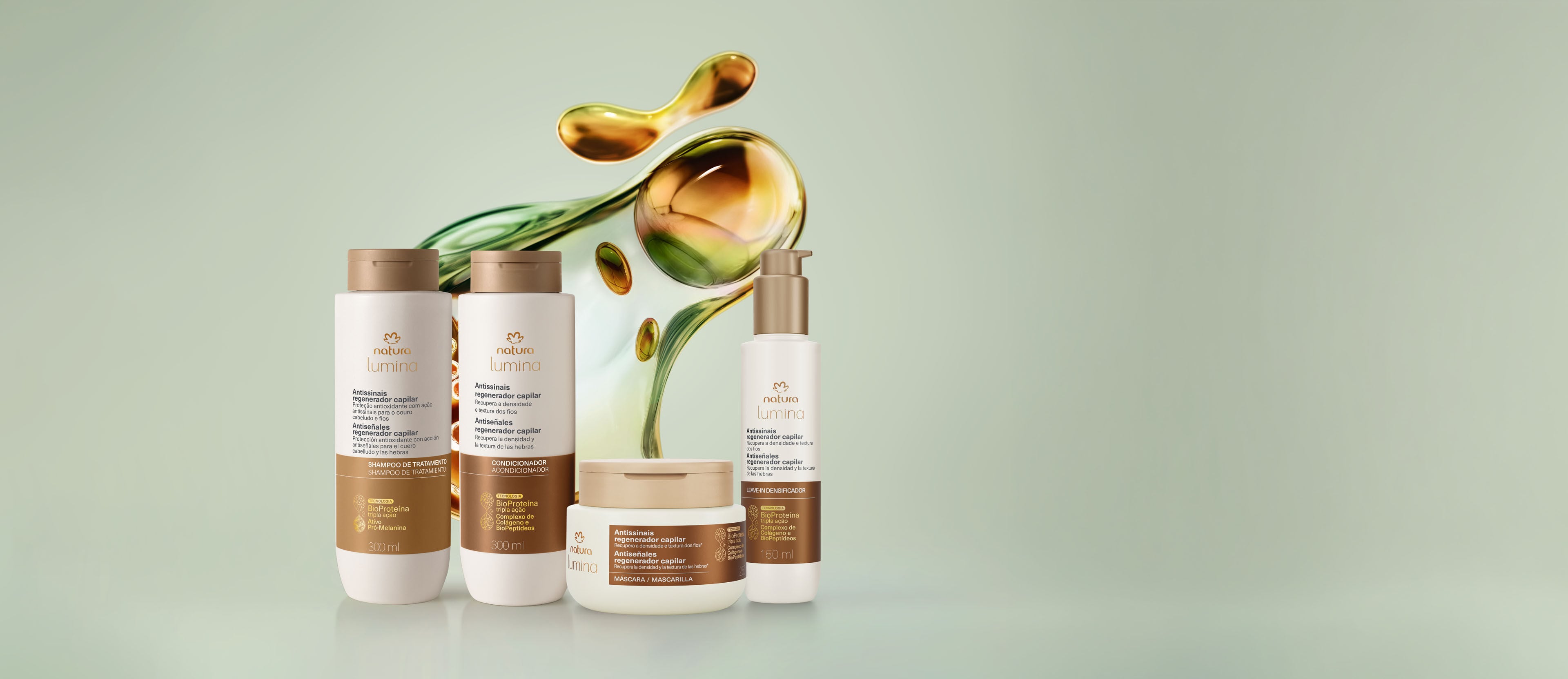 Kit shampoo, Acondicionador, Mascarilla y Leave-in Antiedad y Regenerador Capilar Natura Lumina