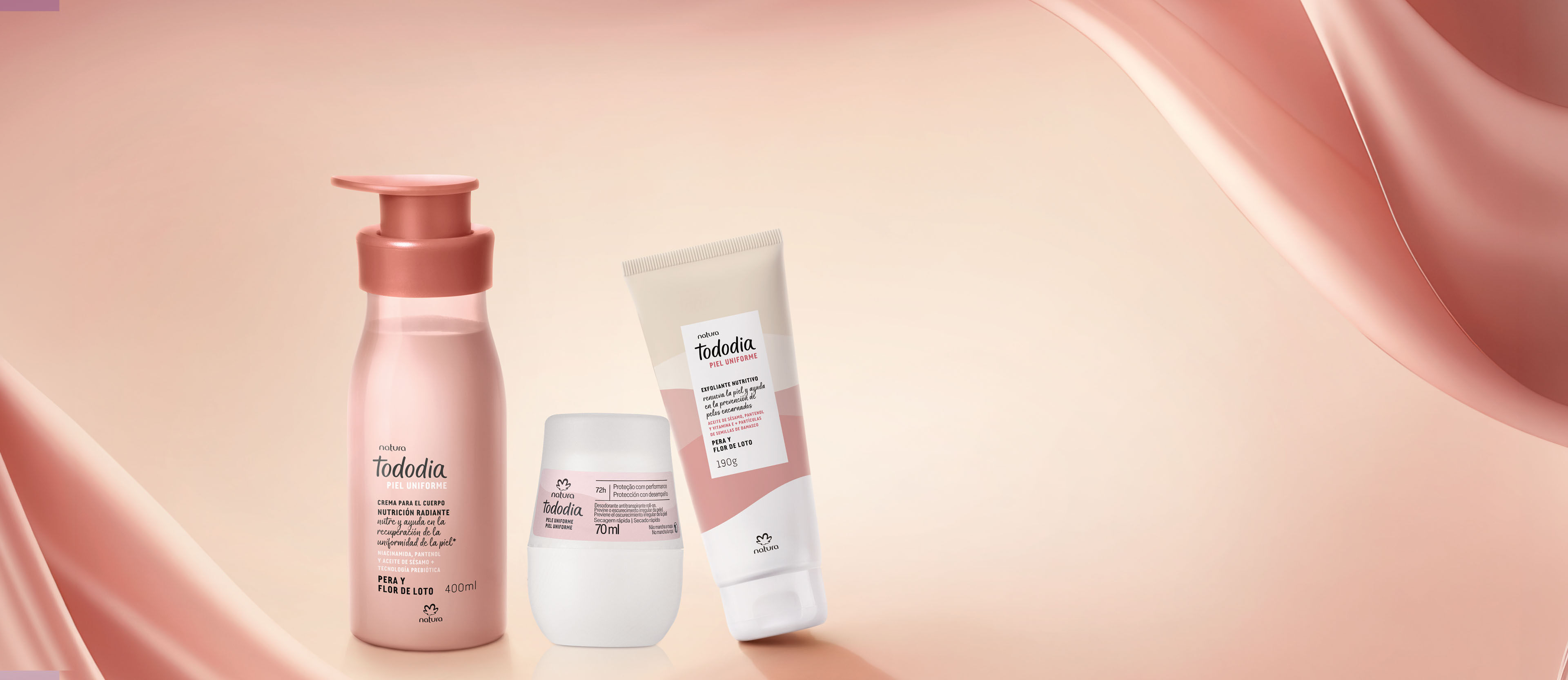 Kit Exfoliante, Crema Pera y Flor de Loto y Desodorante Tododia Piel Uniforme (3 productos)