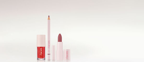 Kit Batom e Lápis Labial Cookie Nude e Gloss Red Vibe Faces (3 produtos)