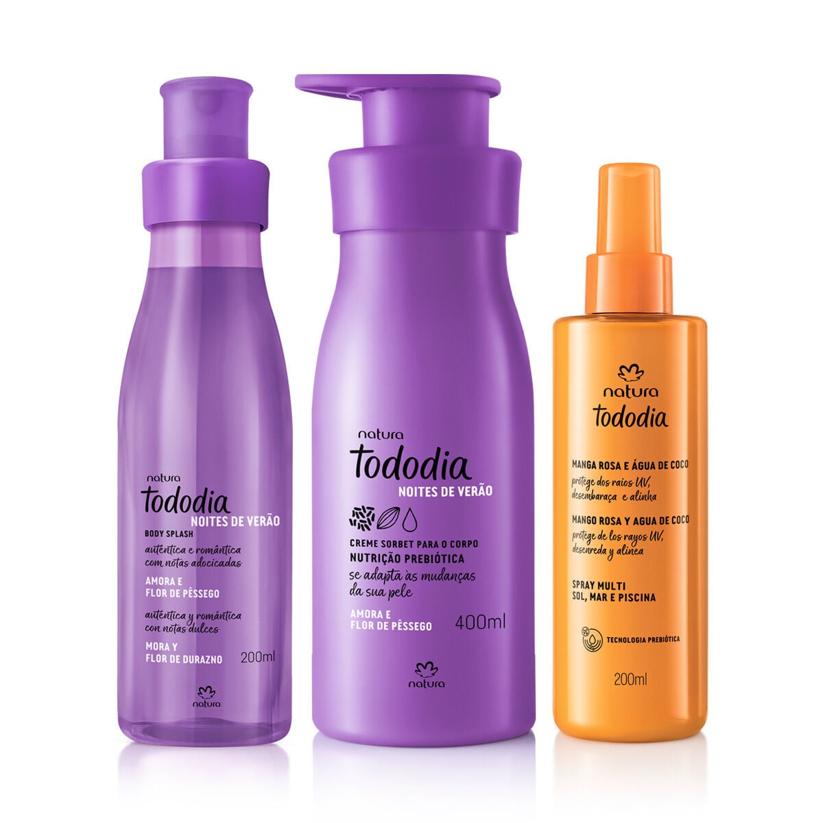 Kit Verao Tododia Amora e Flor de Pessego Creme Corporal, Body Splash e Spray Capilar